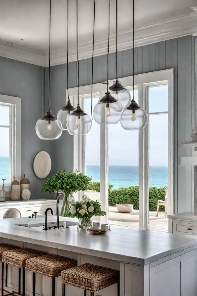 Coastal kitchen with nautical pendants and natural light