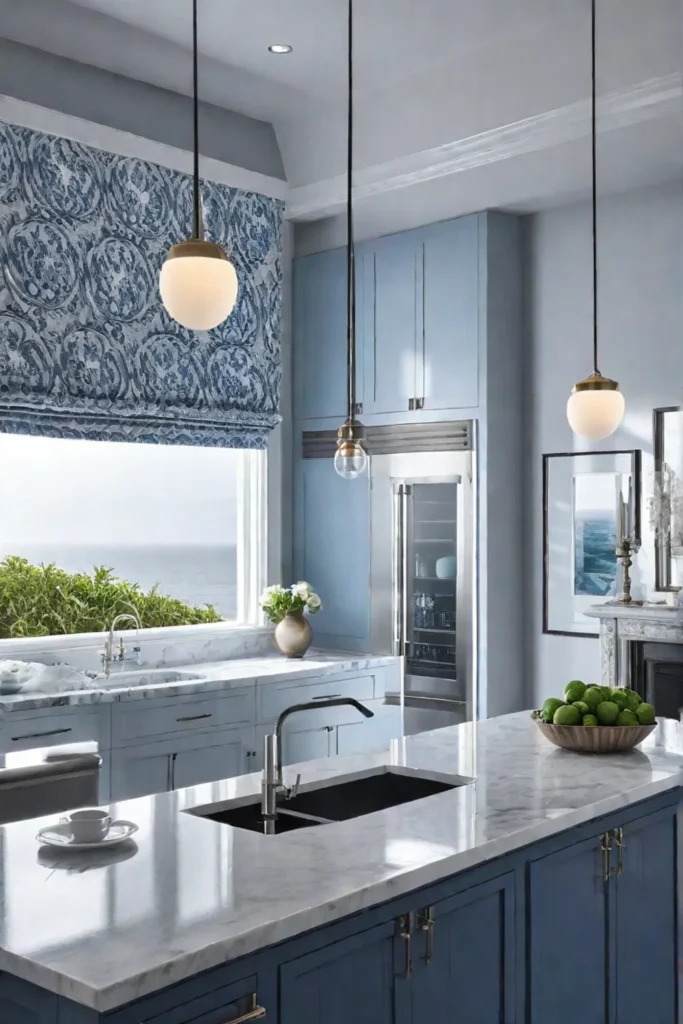 Coastal kitchen with white quartz island countertop and blue accents