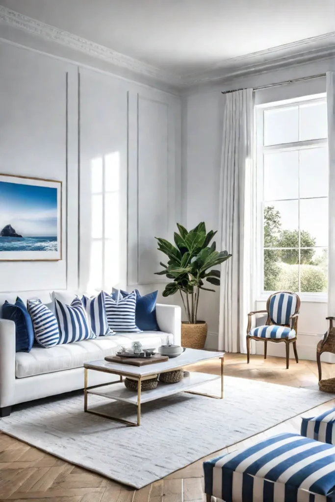 Coastal living room with a white sofa and blue and white striped