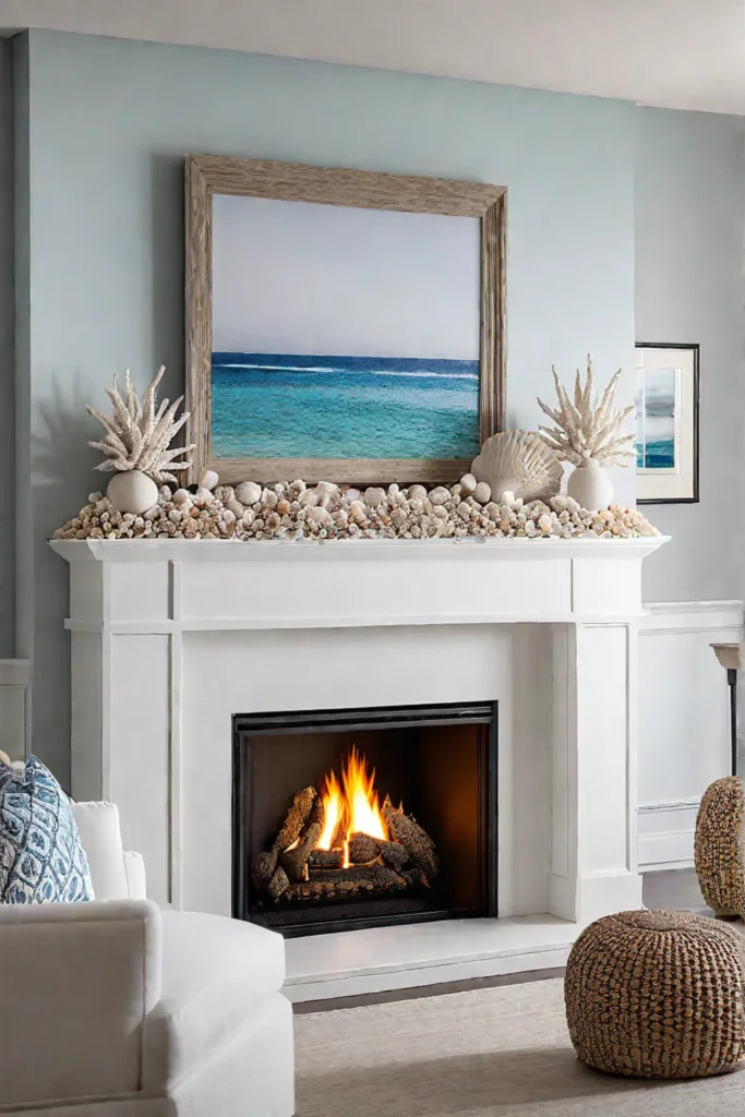 Coastal living room with fireplace and seashell decor