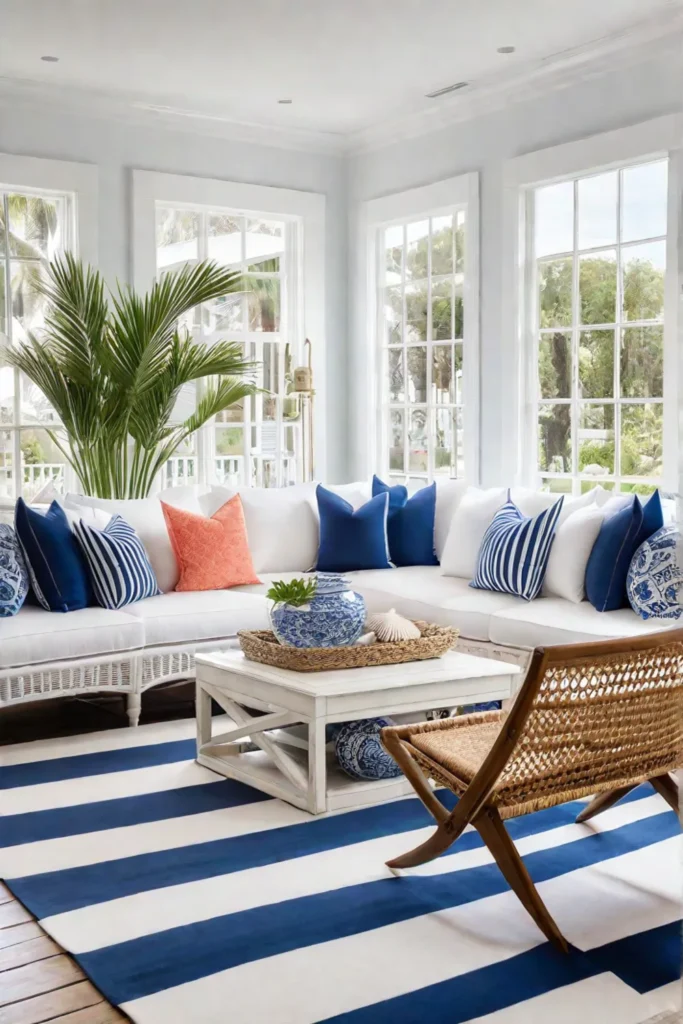Coastal living room with slipcovered sofa and wicker furniture