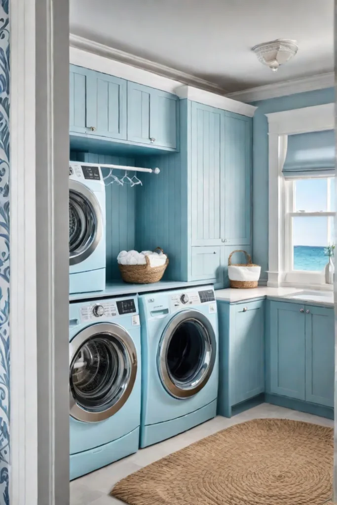 Coastalthemed laundry room with soft blue and white colors