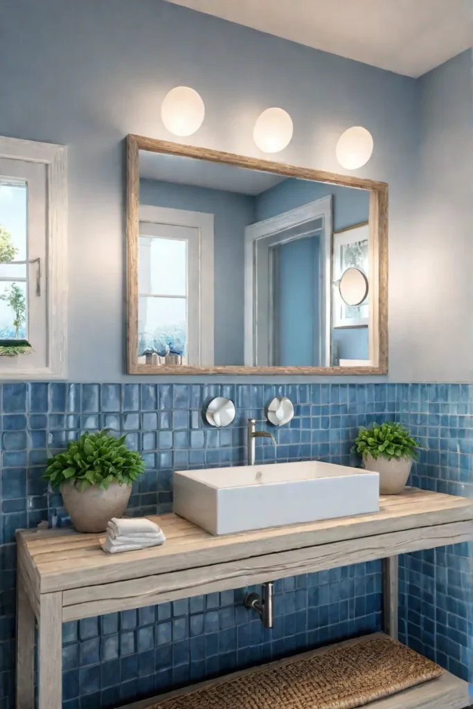 Coastalthemed small bathroom with blue and white tiles and seashell mirror