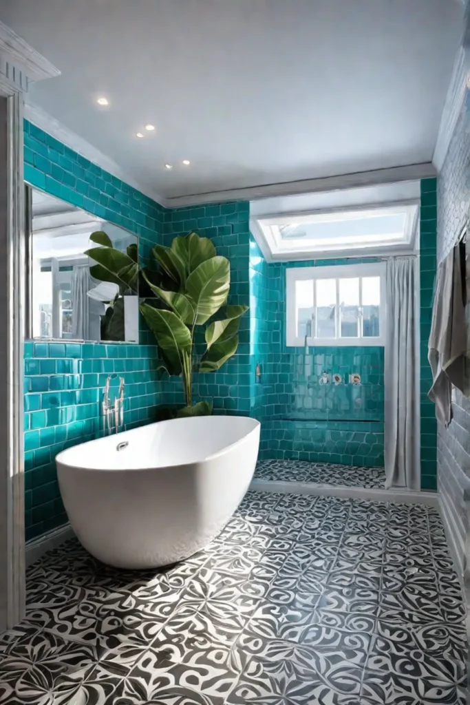 Colorful and eclectic bathroom with patterned tiles and bold colors