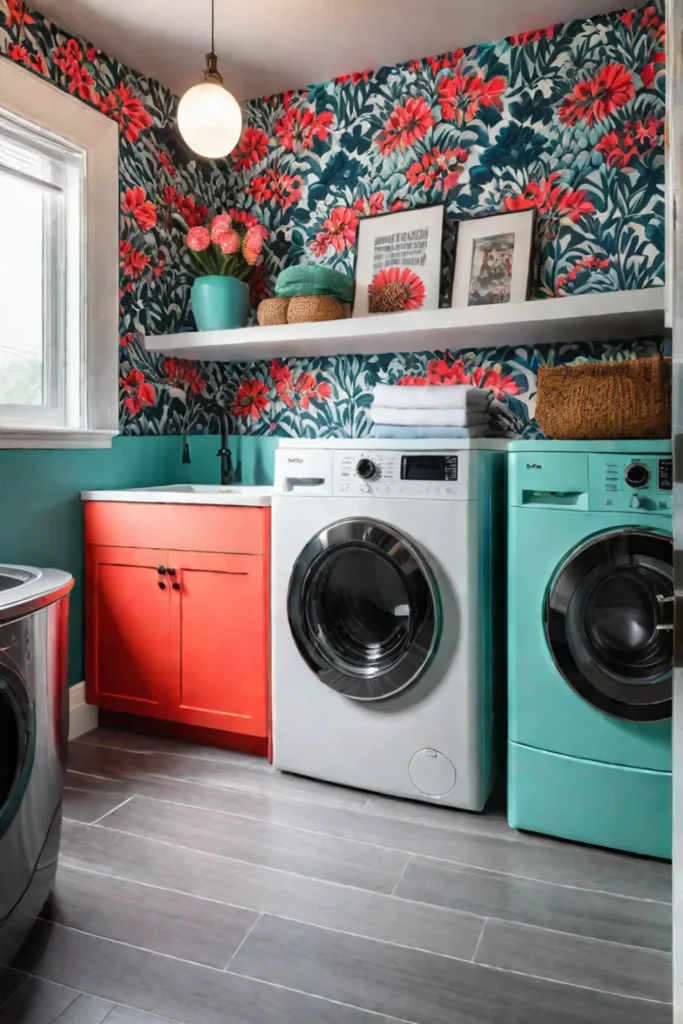 Colorful and vibrant laundry room with patterned wallpaper