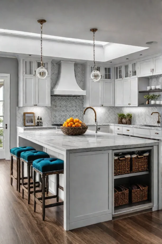 Colorful kitchen with white quartz island countertop and vibrant backsplash