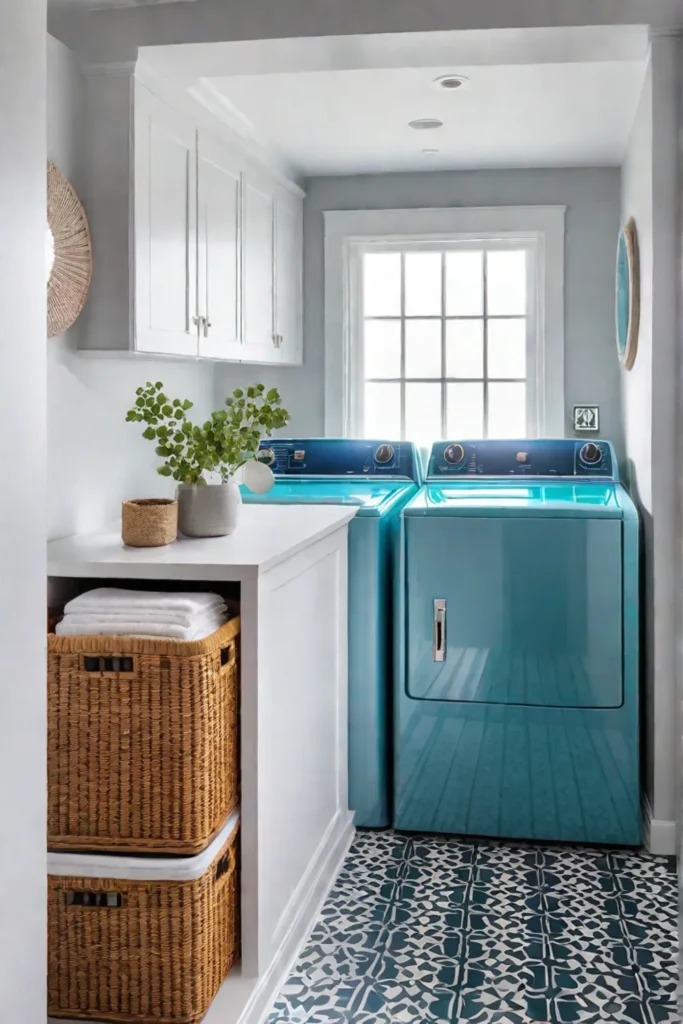 Colorful laundry room with patterned floor and compact appliances