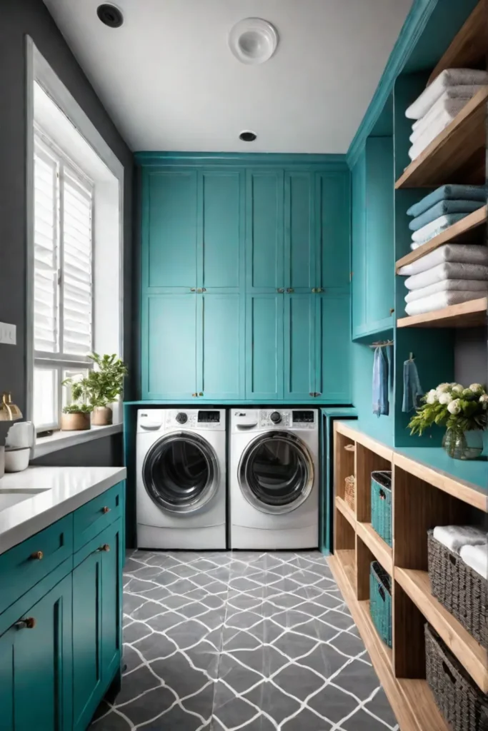Colorful laundry room with chalkboard hamper and patterned shelves