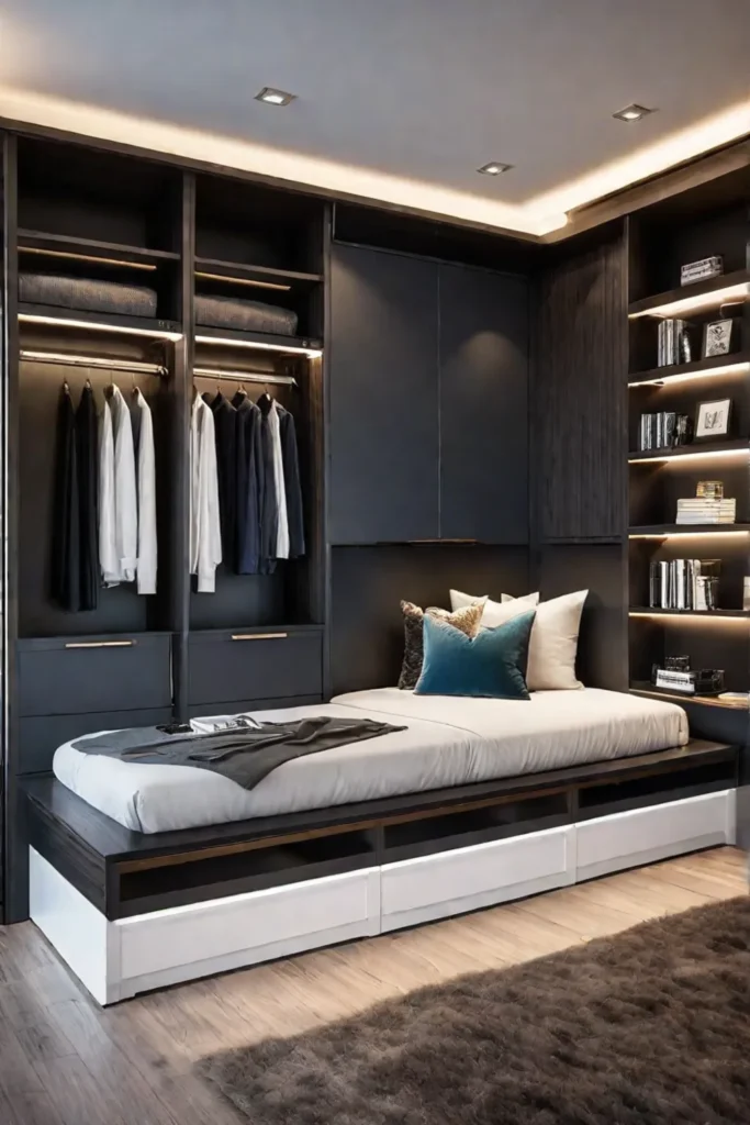 Combination of bookcase and floating shelves in a bedroom reading nook