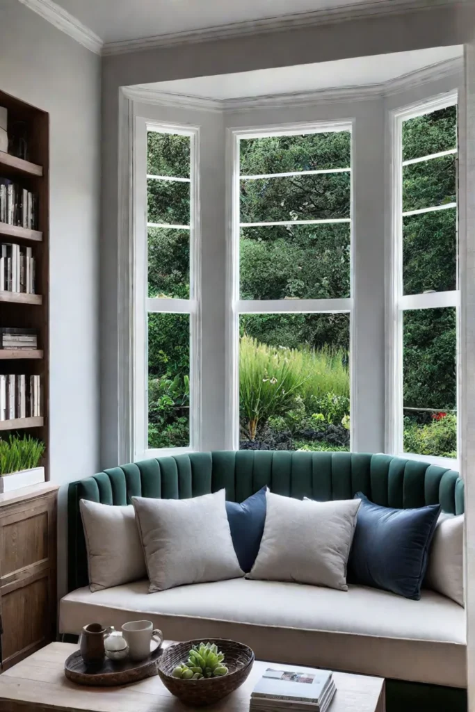 Comfortable bay window seating with integrated bookshelves