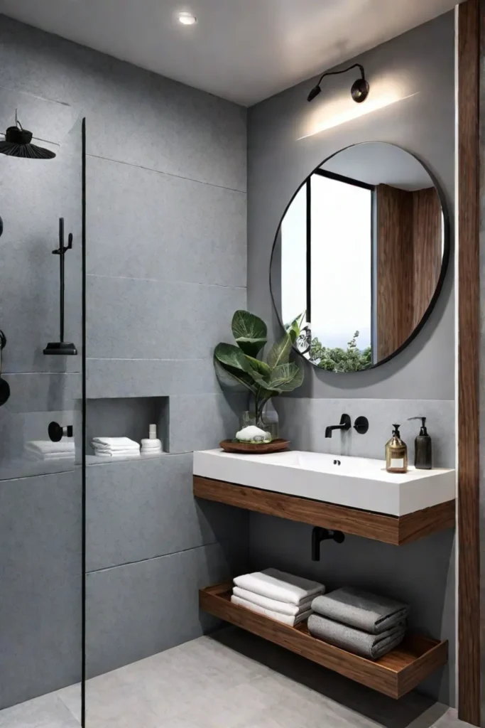 Compact bathroom with floating vanity and storage