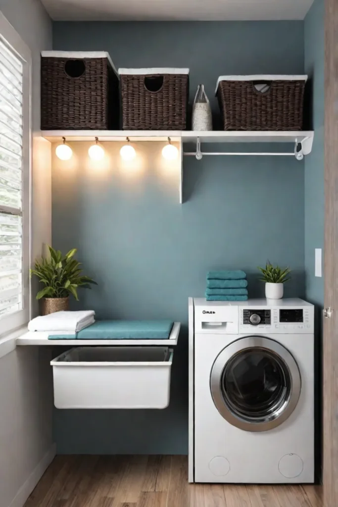 Compact laundry room utilizing stackable appliances and wallmounted storage