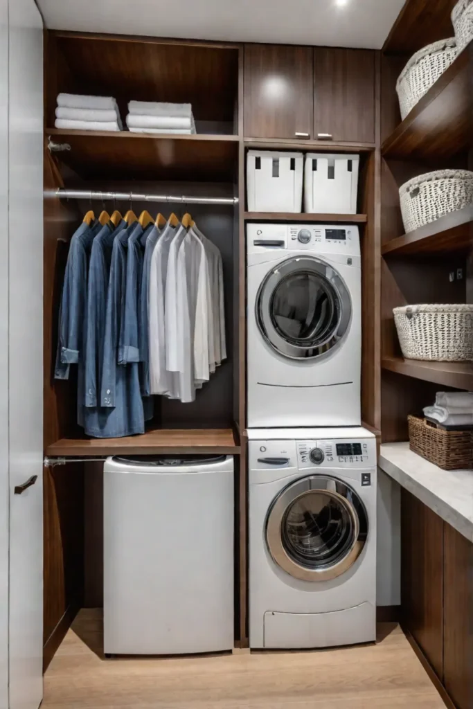 Compact laundry room with custom cabinetry and open shelves