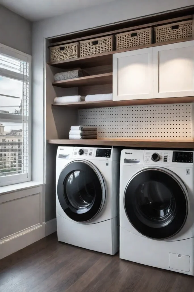 Condo laundry room with pegboard and retractable clothesline