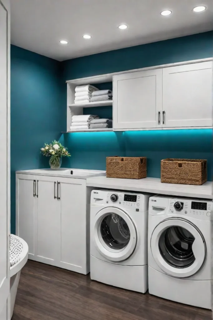 Condo laundry room with recessed wall storage and countertop