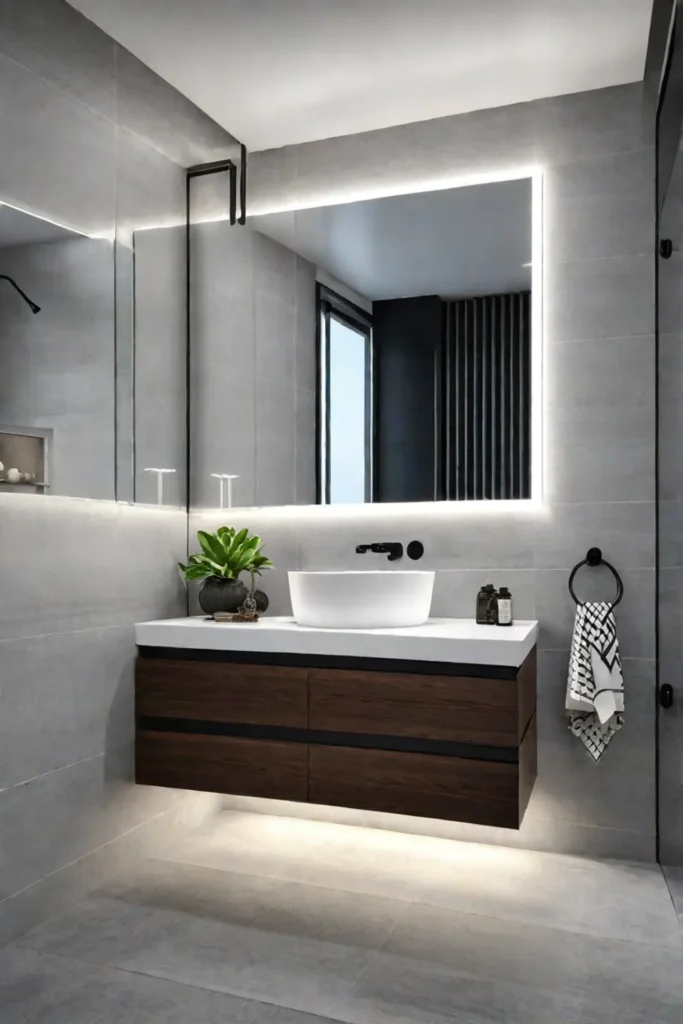 Contemporary and stylish small bathroom with black and white color scheme and