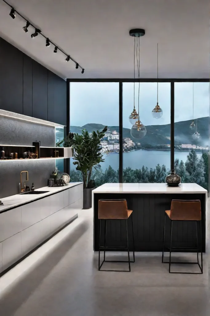 Contemporary kitchen featuring smart lighting integration and voice control