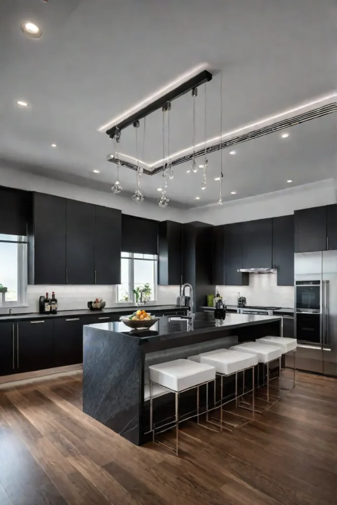Contemporary kitchen island with black granite and waterfall edges