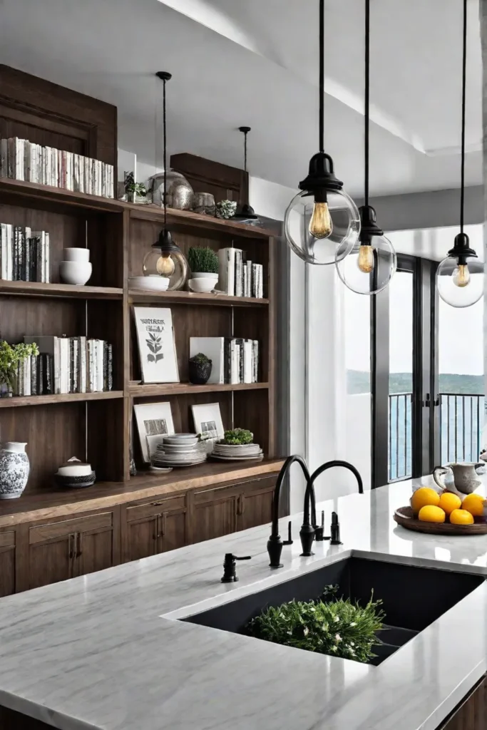 Contemporary kitchen island with breakfast bar and open shelving