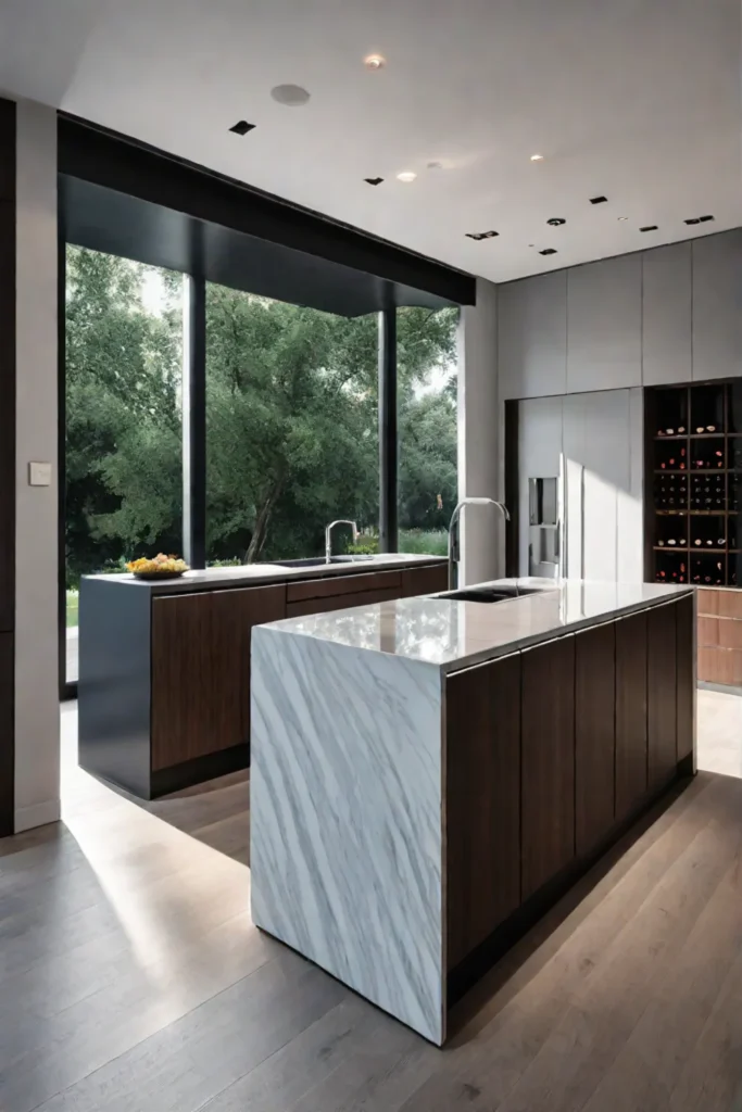 Contemporary kitchen island with waterfall edge countertop and wine fridge