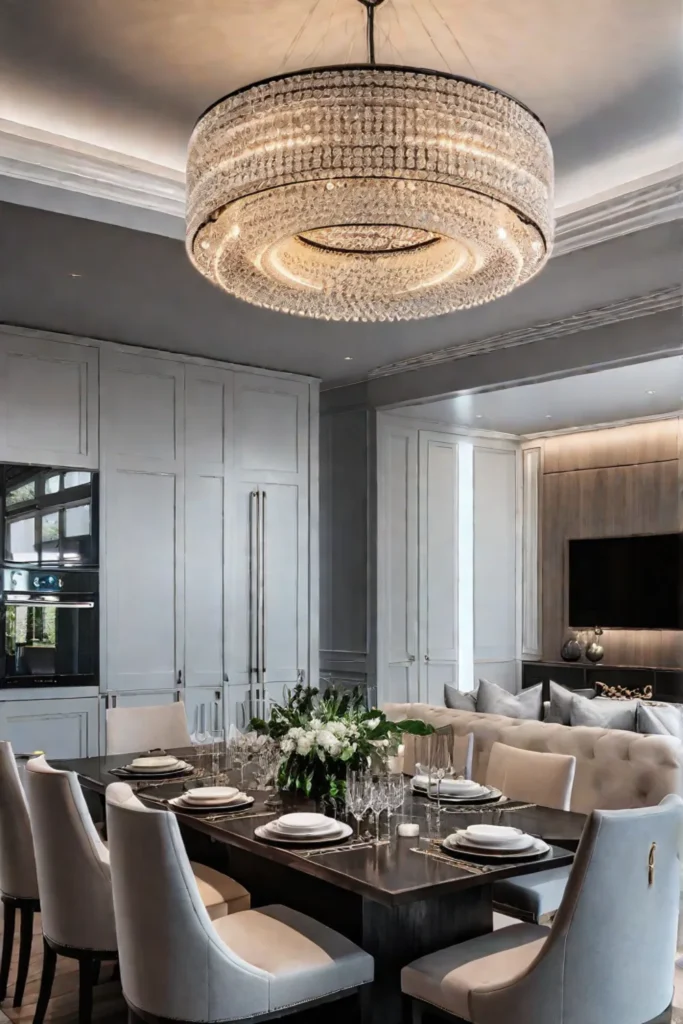 Contemporary kitchen with chandelier over dining area
