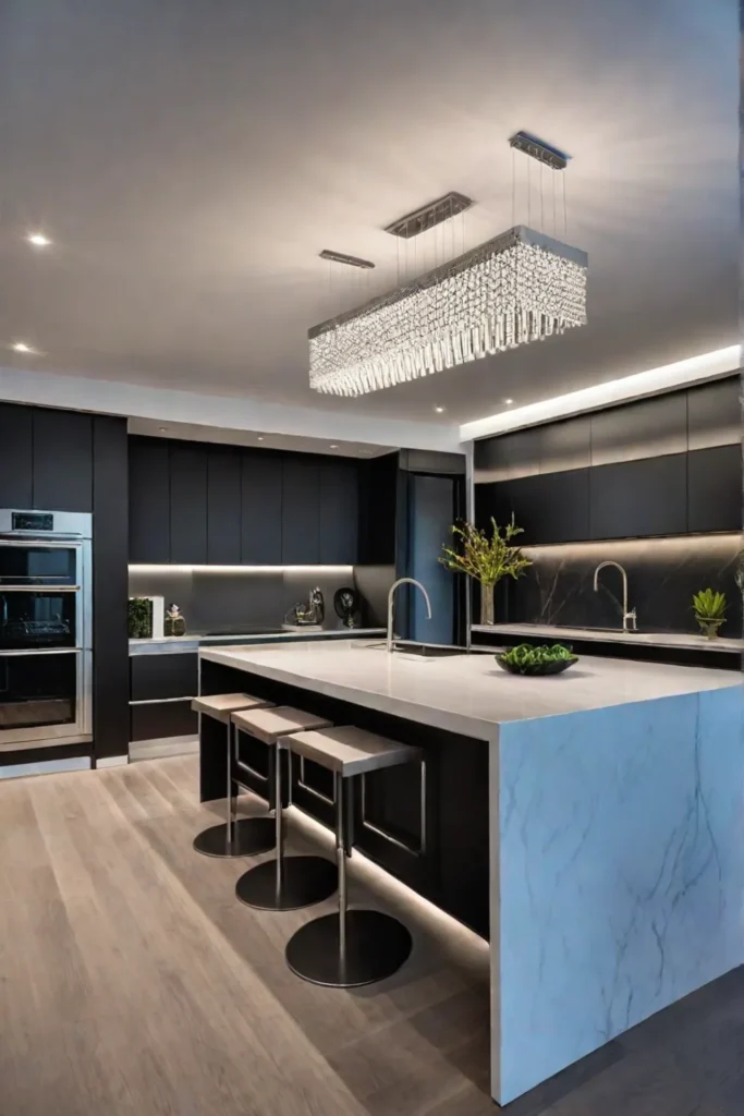 Contemporary kitchen with recessed LED lighting and a modern chandelier