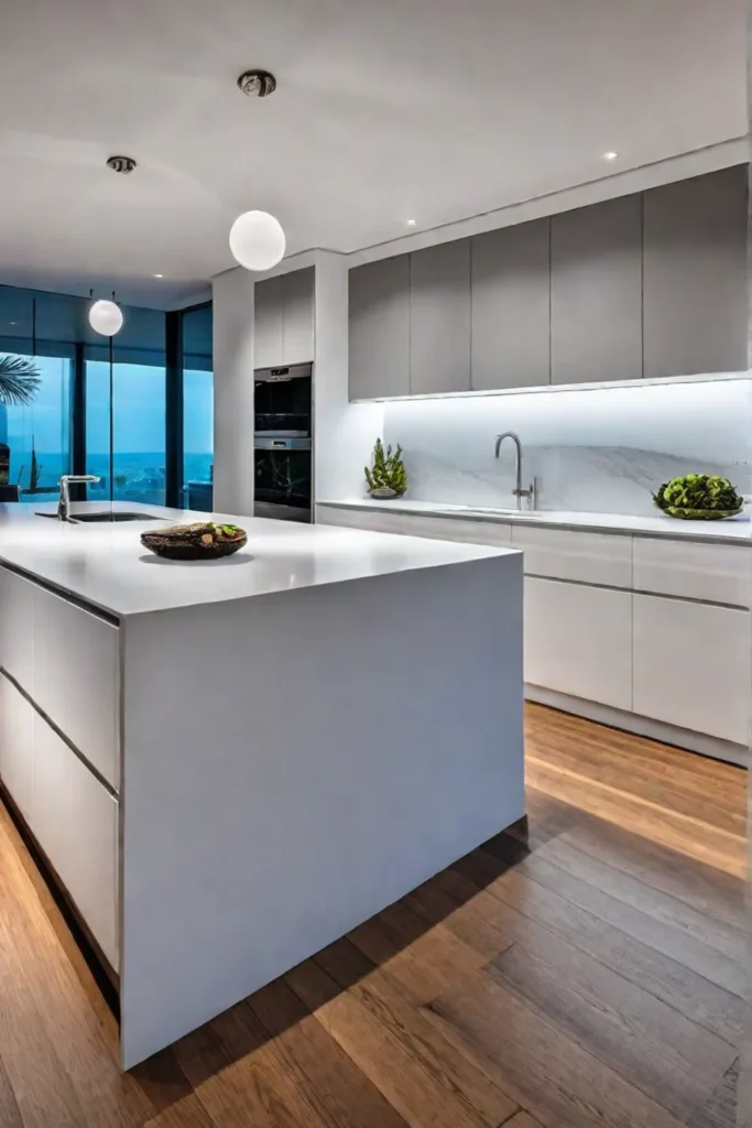 Contemporary kitchen with white quartz island countertop and waterfall edge