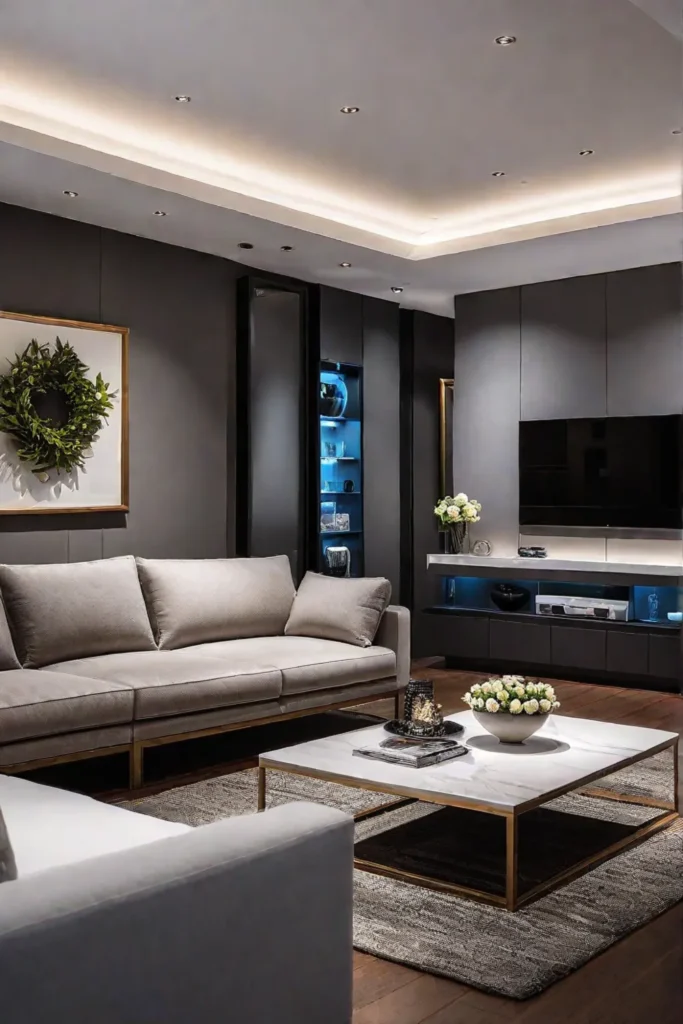 Contemporary living room with recessed and track lighting