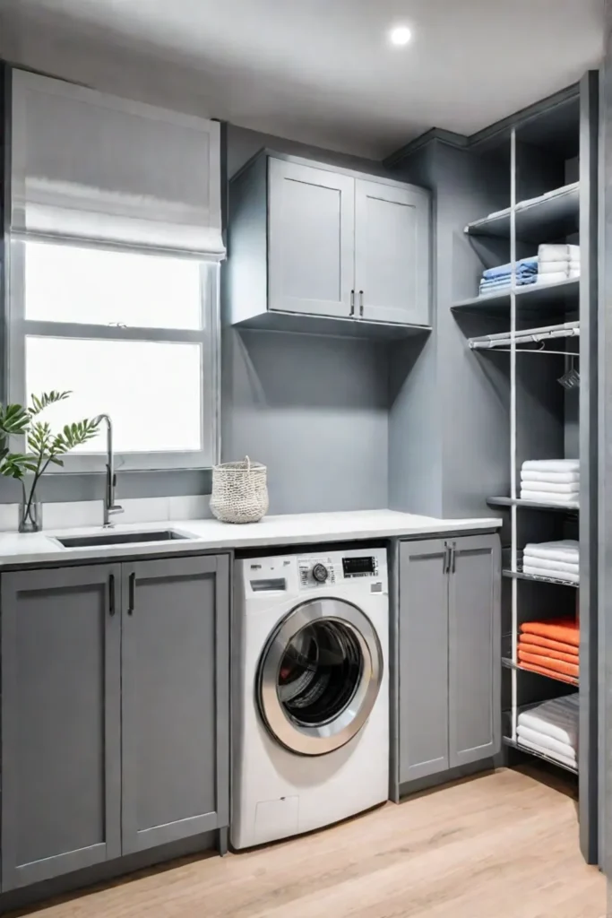 Contemporary laundry room with gray cabinets and sorting hamper