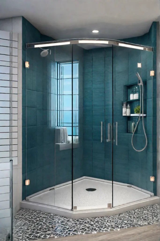 Corner shower with neoangle door and combination showerheads