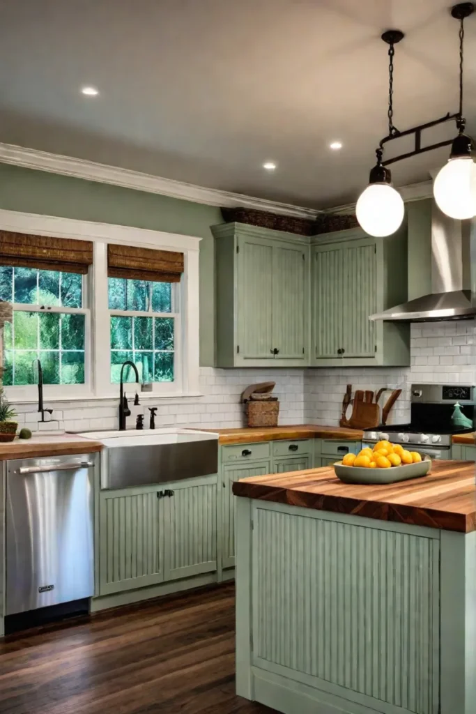Cottage kitchen with beadboard cabinets
