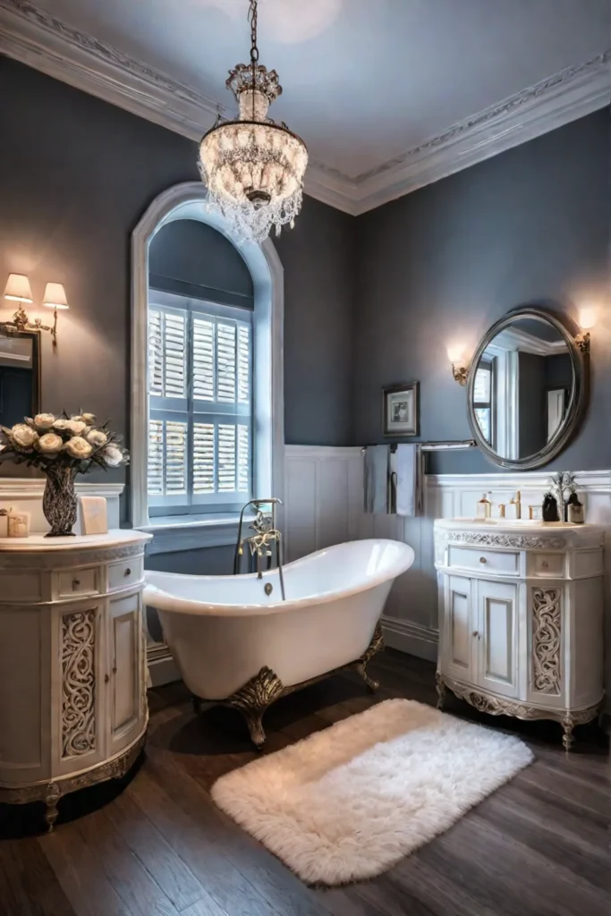 Cozy and romantic small bathroom with soft lighting and freestanding tub