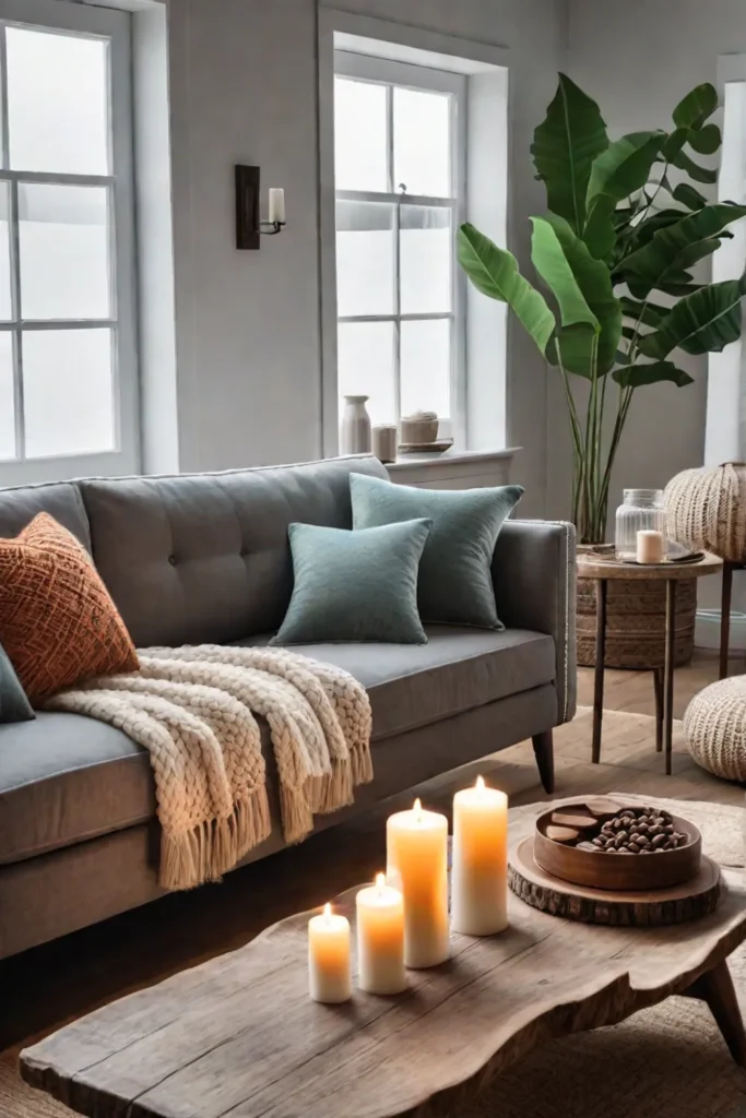 Cozy living room with plush cushions and vintage candles