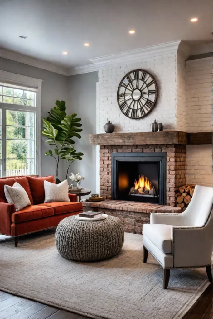 Cozy living room with woodburning fireplace and comfortable armchairs