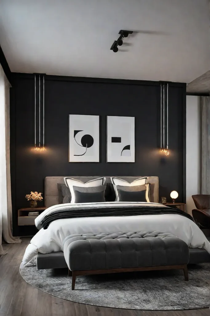 Cozy modern bedroom with dark accent wall and reading nook