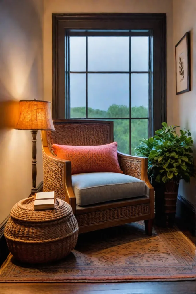 Cozy reading nook with soft lighting and comfortable seating