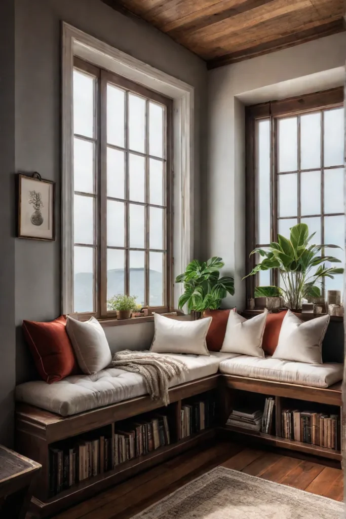 Cozy rustic bedroom corner with window seat