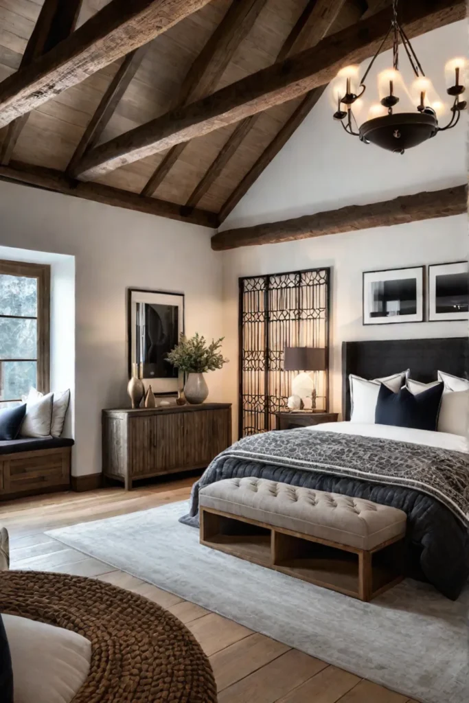 Cozy rustic bedroom with fireplace and layered textiles