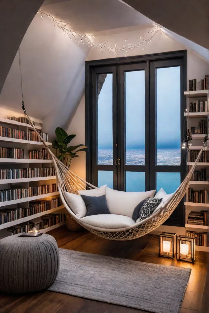 Cozy attic reading space with crate bookshelves