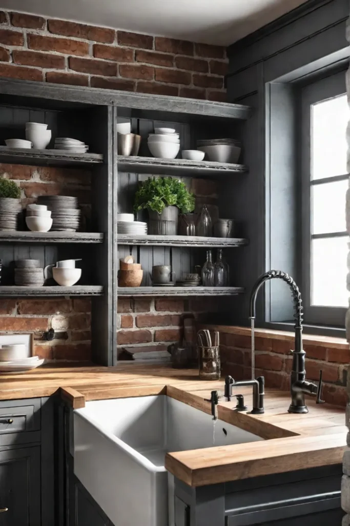 Cozy kitchen design with wood beams and a brick backsplash