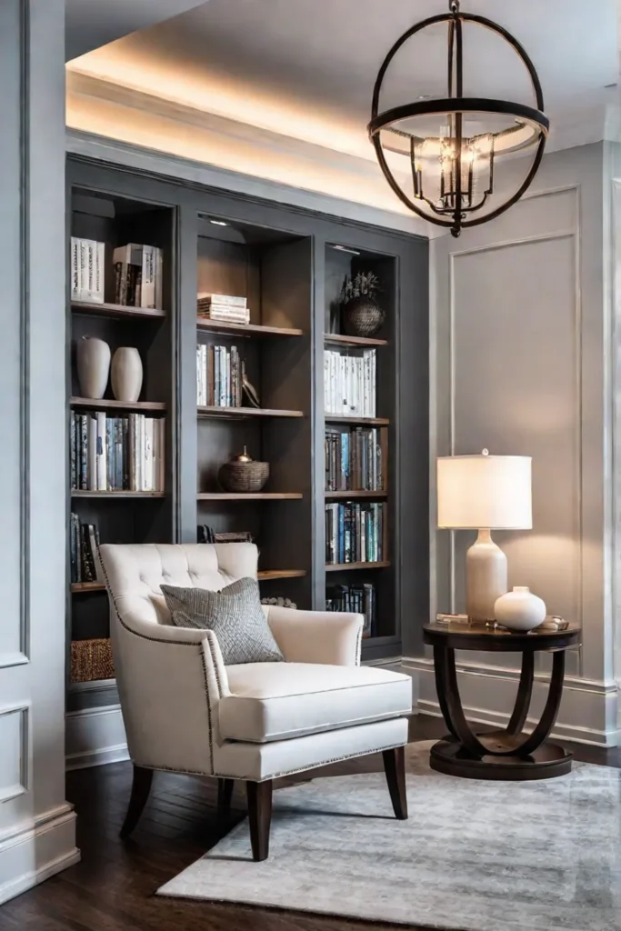 Cozy reading alcove with builtin bookshelves and soft lighting