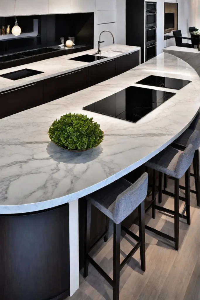 Curved kitchen island with tiered design for serving and seating