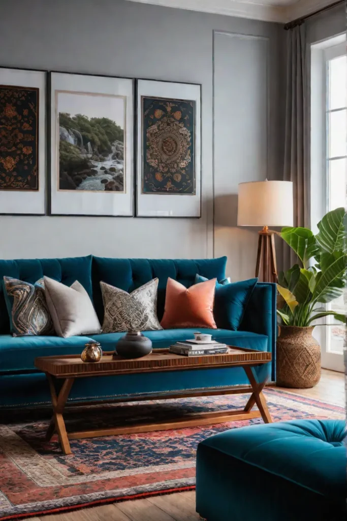 Eclectic living room with velvet sofa and mixed patterns