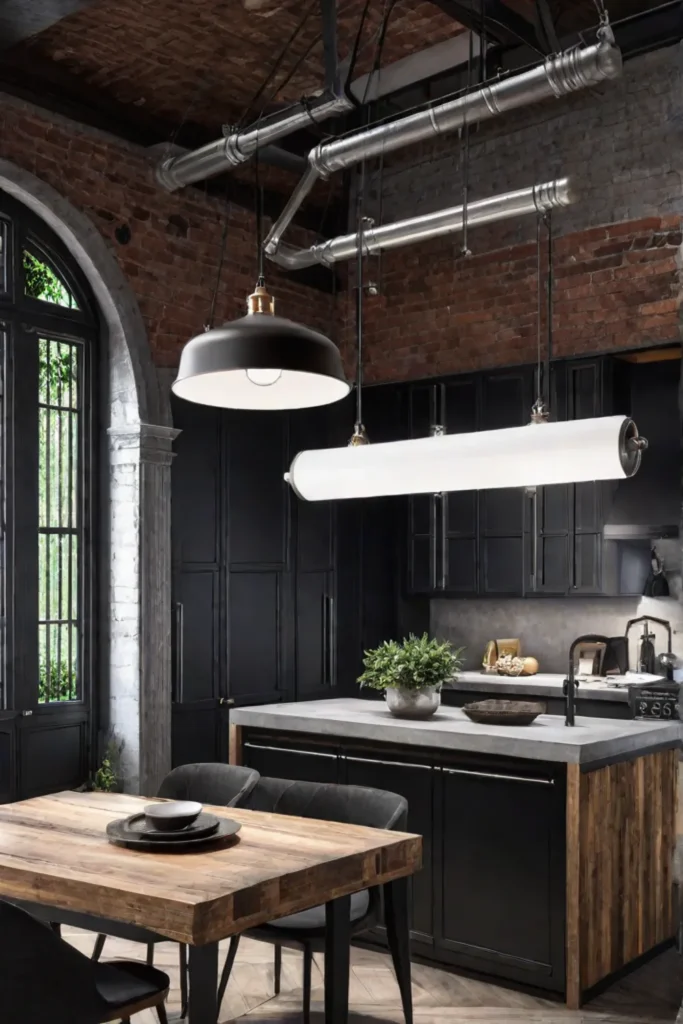 Edgy kitchen design with exposed brick and concrete countertops