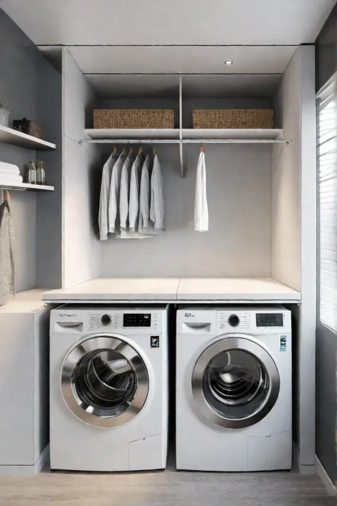 Efficient laundry closet with washer dryer combo and storage baskets