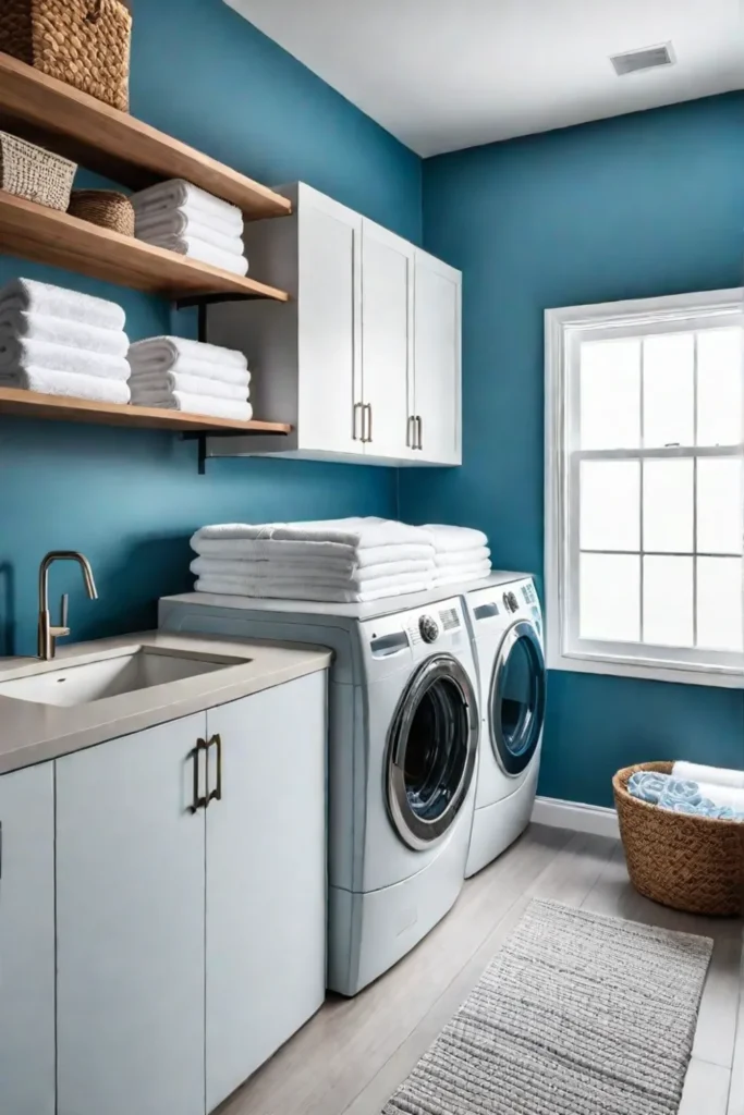 Efficient laundry room design with blue walls and open shelving