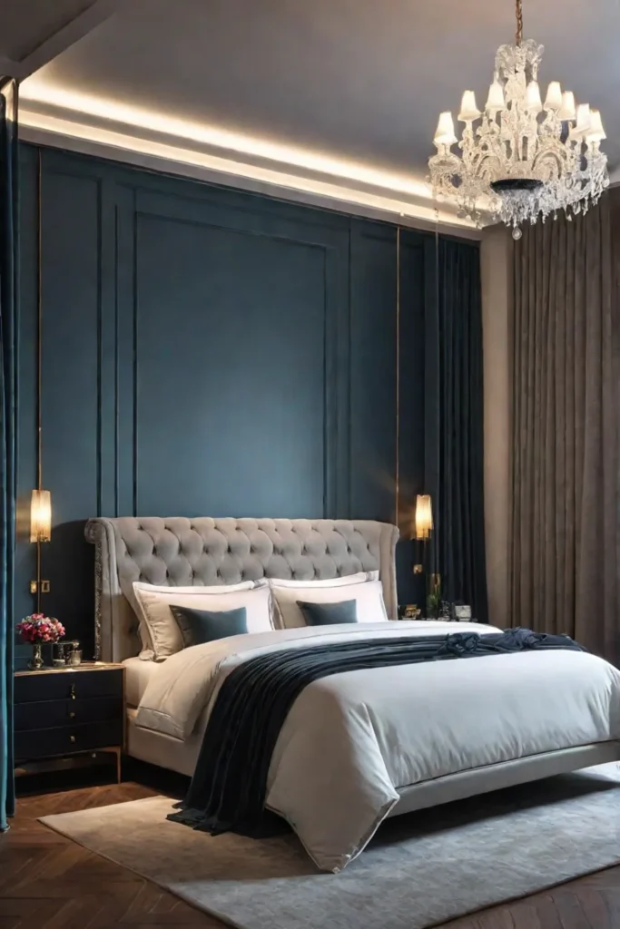 Elegant bedroom with a opulent bed and flowing curtains