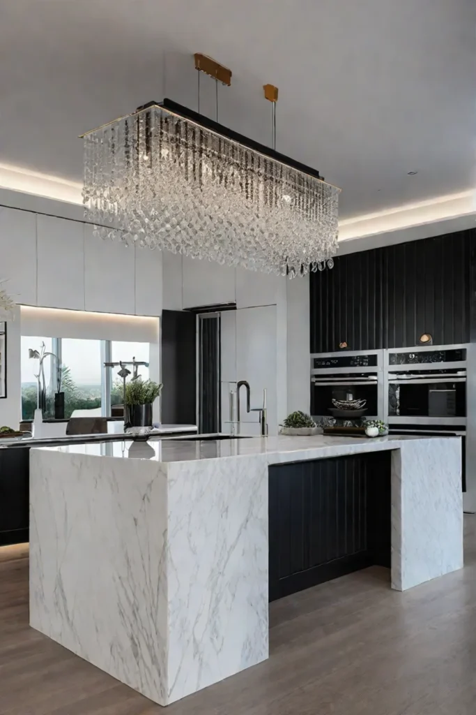 Elegant kitchen with chandeliers and recessed lighting