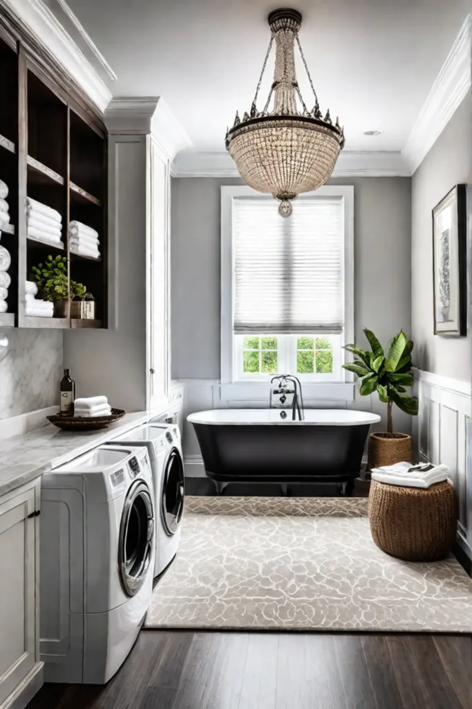 Elegant laundry space with chandelier and seating area
