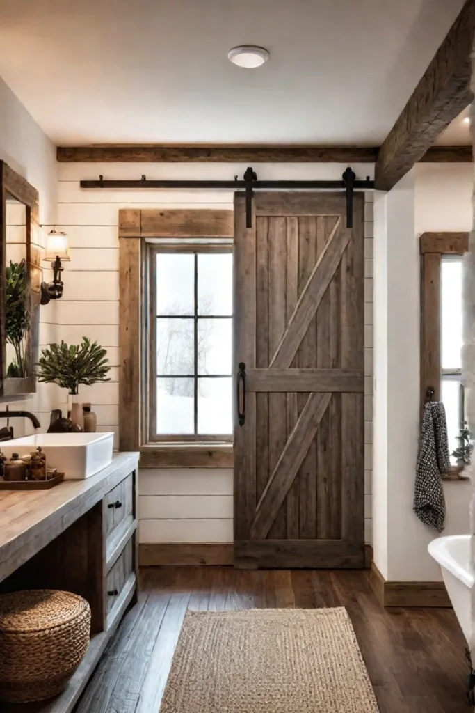 Farmhouse Bathroom with Barn Door and Warm Color Palette
